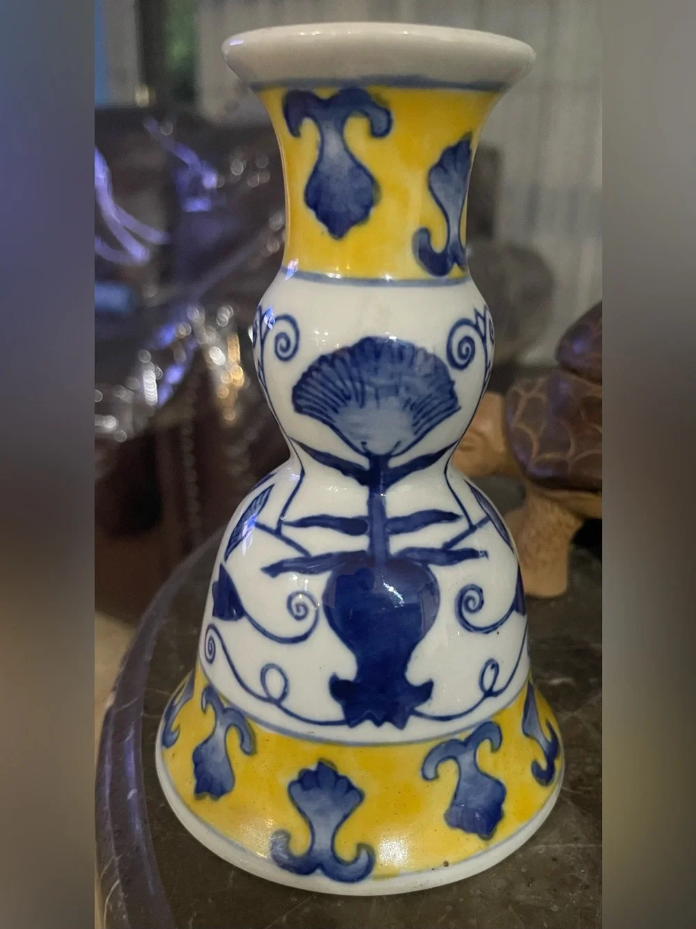 Yellow and Blue Porcelain Gourd Vase - Decorative Accent